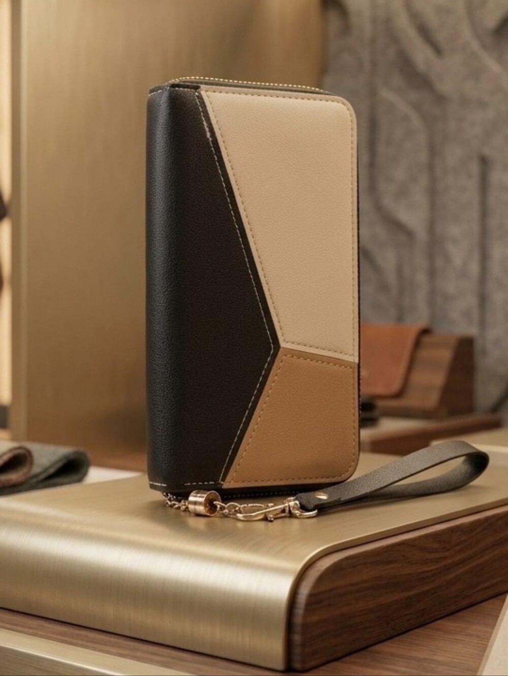 Chic Colorblock Zip Around Wristlet Wallet - Black, Tan & Beige